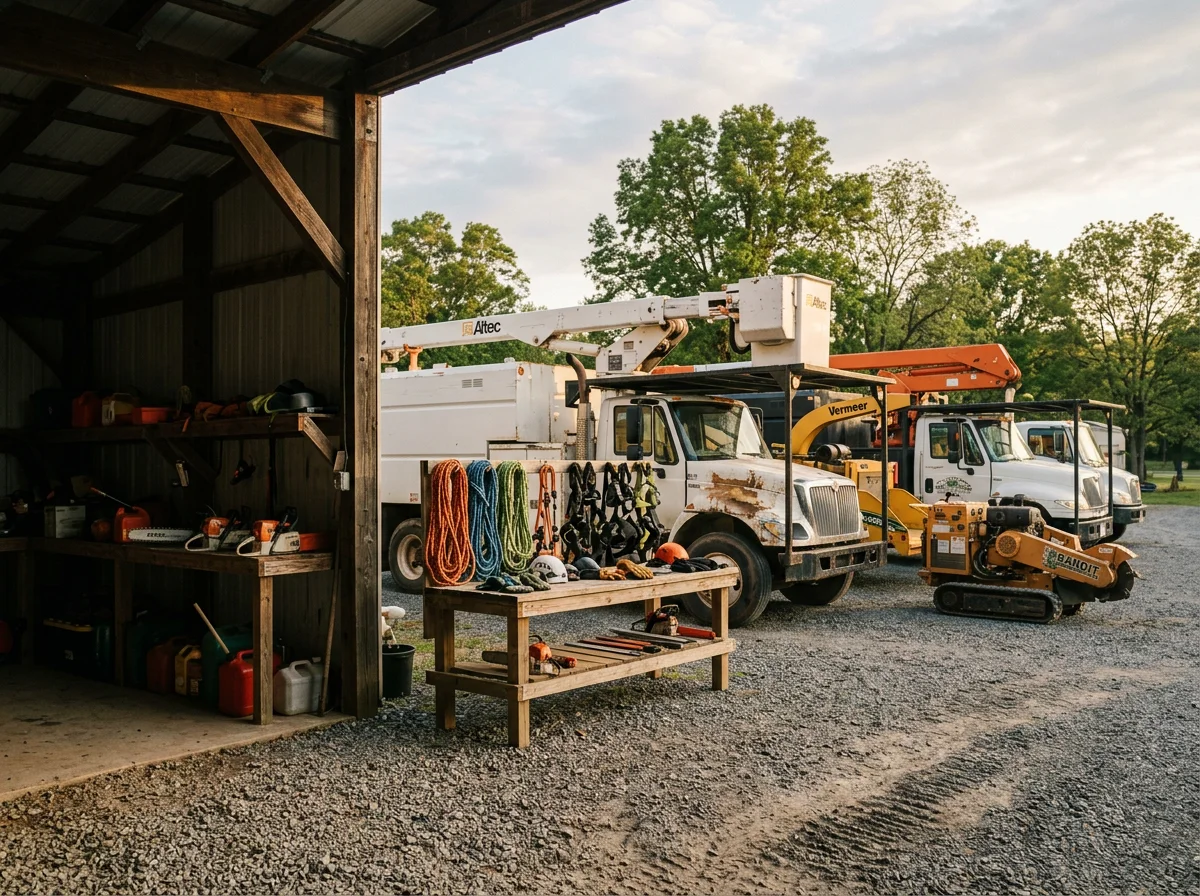 Professional tree service crew with equipment and trucks ready for work in a residential yard setting.