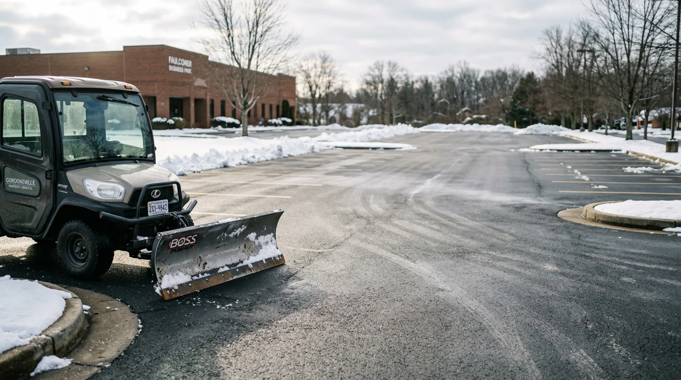 Commercial snow removal equipment clearing a parking lot