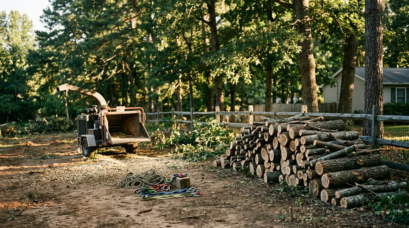 Professional arborist performing tree trimming with safety equipment
