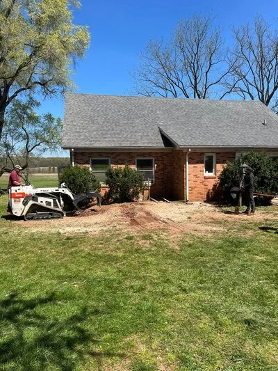 Brick residential home with freshly cleared yard, dead trees removed, equipment on site