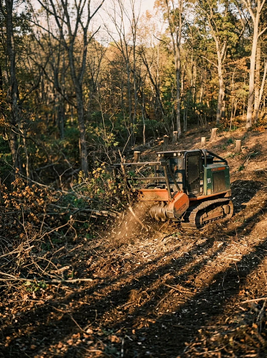 Forestry mulching equipment processing dense brush on a wooded Albemarle County lot being cleared for a new homesite near Crozet, Virginia.