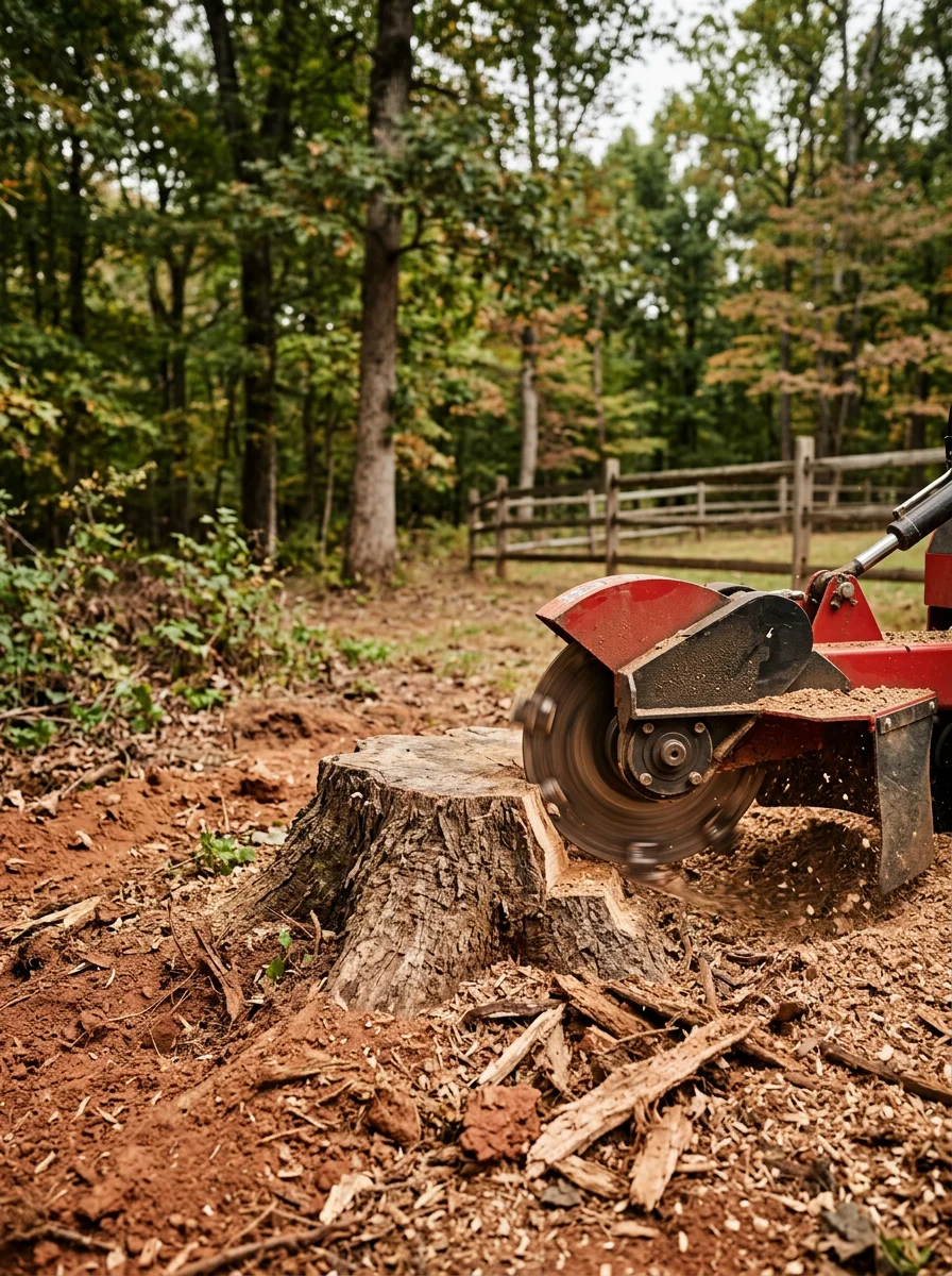 Close-up of a stump grinder working on a wide hardwood stump on a wooded Fauquier County property with clay soil exposed around the root base.