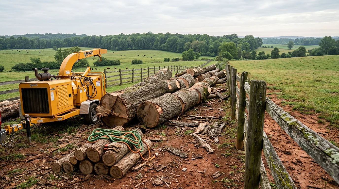 A crew removing a large storm-split oak tree along a rural fence line in Fauquier County, Virginia, with rolling Piedmont farmland visible in the background.