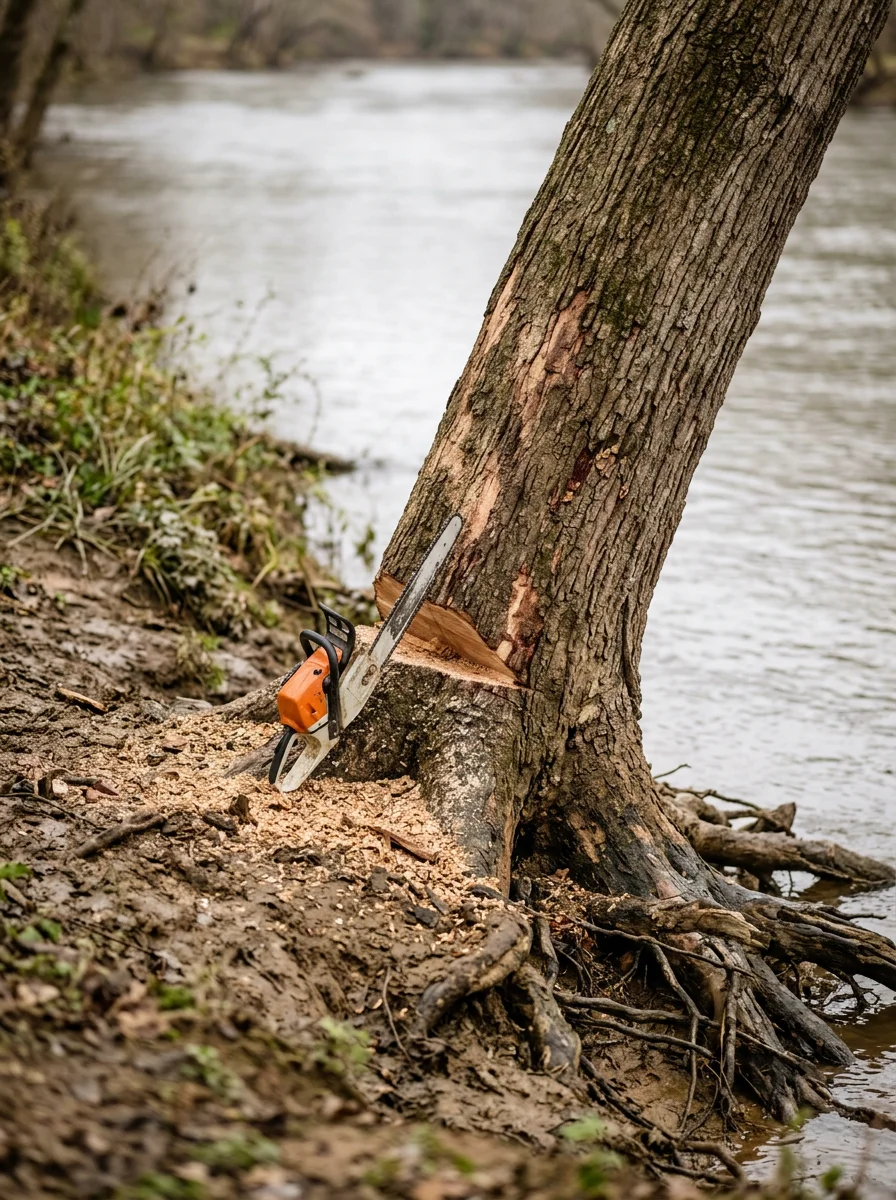A flood-stressed hardwood tree being removed along the James River bank in Fluvanna County, Virginia, with saturated clay soil visible around the exposed root base.