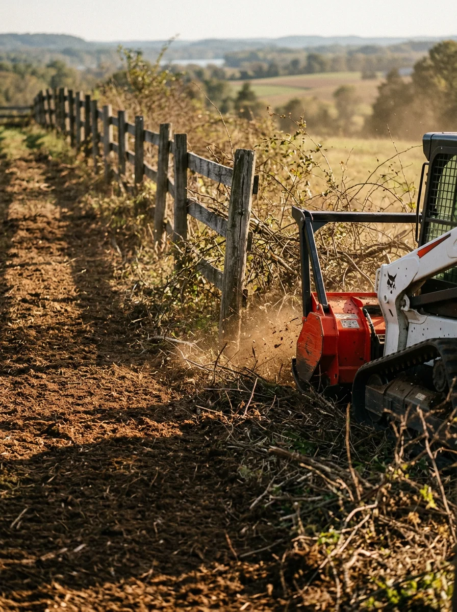 Forestry mulching equipment clearing dense brush and invasive growth along a fence line on a Goochland County farm property near the James River corridor.