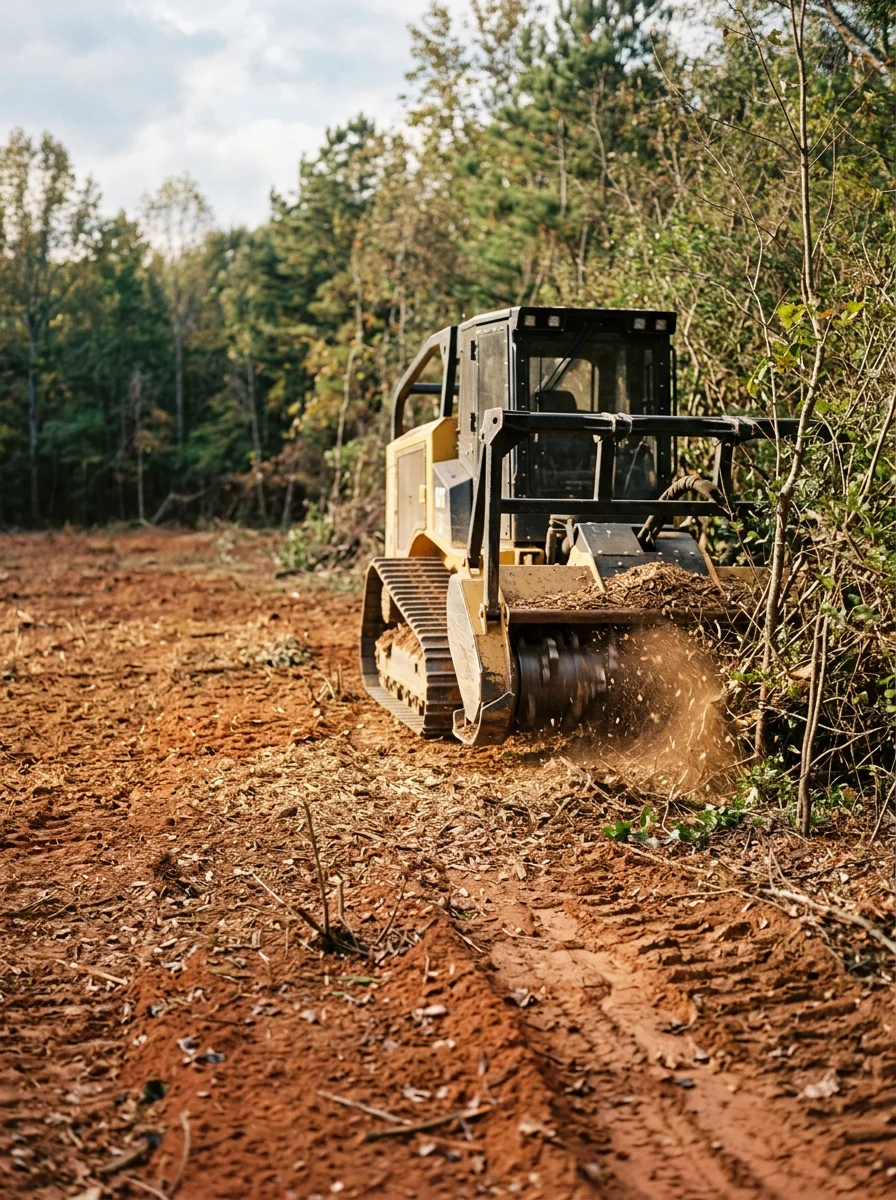 Forestry mulching equipment clearing dense brush on a Louisa County farm property, with Piedmont clay soil visible along the cleared edge.