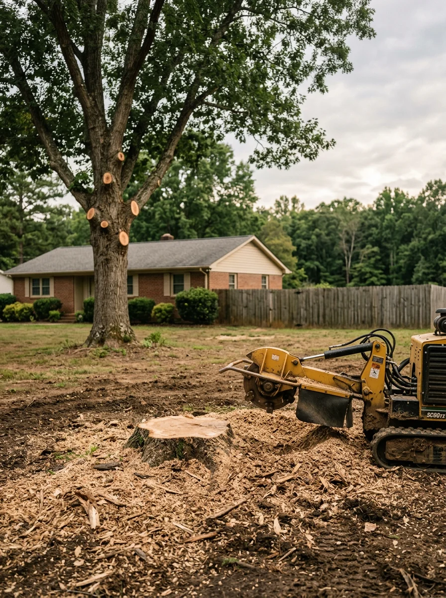 Stump grinding on a residential lot in Orange County, Virginia, with a cleared area ready for landscaping after tree removal near an older home foundation.