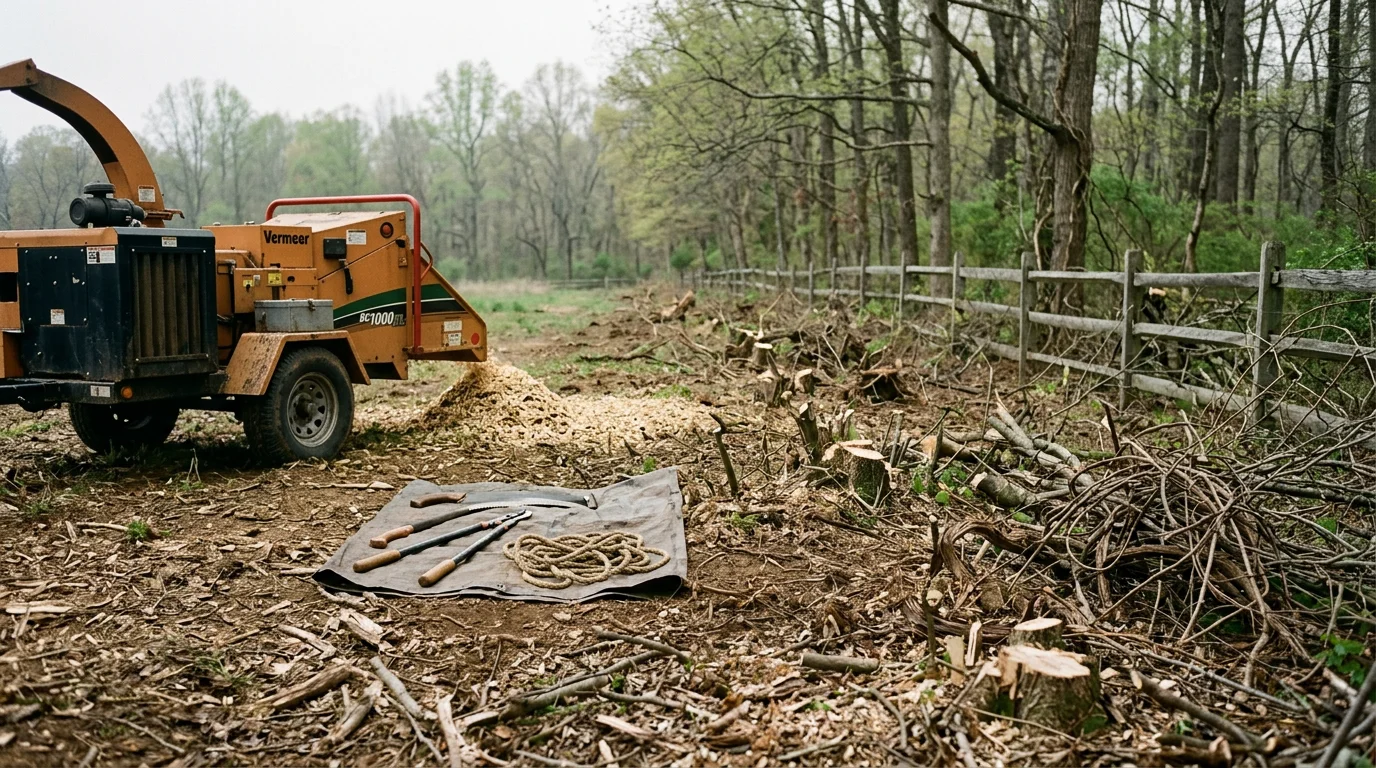 A cleared rural property in Fauquier County, Virginia showing a clean fence line and open field after professional brush removal. Dense overgrowth and tangled saplings have been cut and removed, leaving accessible, open land.
