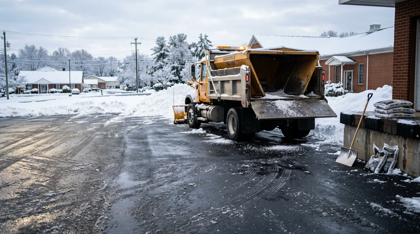 A cleared commercial building entrance and walkway in Fauquier County, Virginia after a winter snowstorm, with snow pushed back from the access path and pavement visible. A Thorpe's Tree Service crew works the site with commercial snow removal equipment.