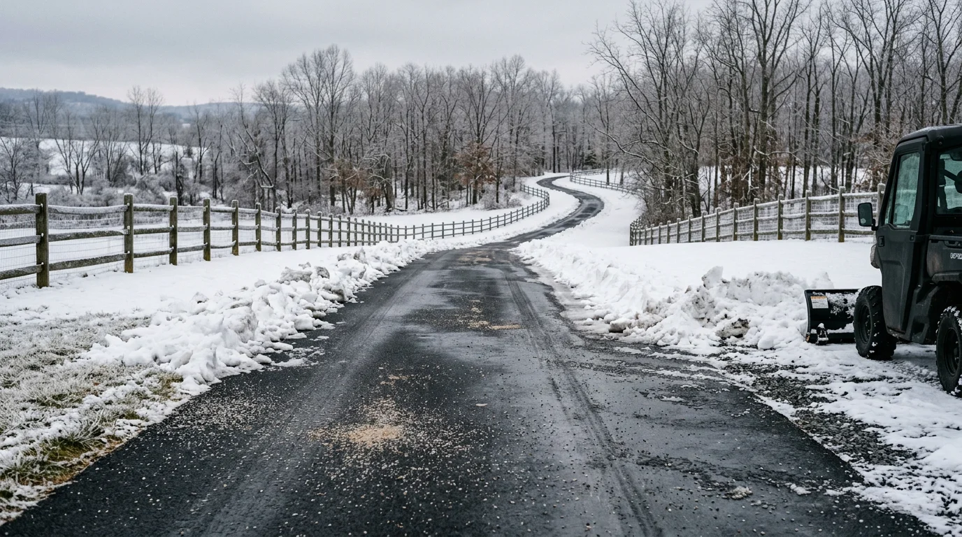 A residential driveway in Fauquier County, Virginia fully cleared of snow and ice after a winter storm, with snow pushed to the sides and the surface exposed down to the pavement. A rural property with bare trees and a snow-covered yard visible in the background.