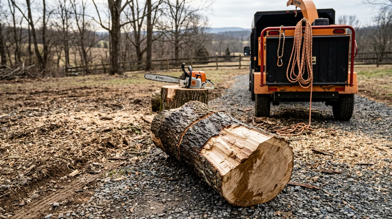 A large storm-damaged tree removed from a residential property in Fauquier County, Virginia, with debris cleared and the home structure left intact. A tree service crew works in a rural Warrenton-area yard following severe weather.
