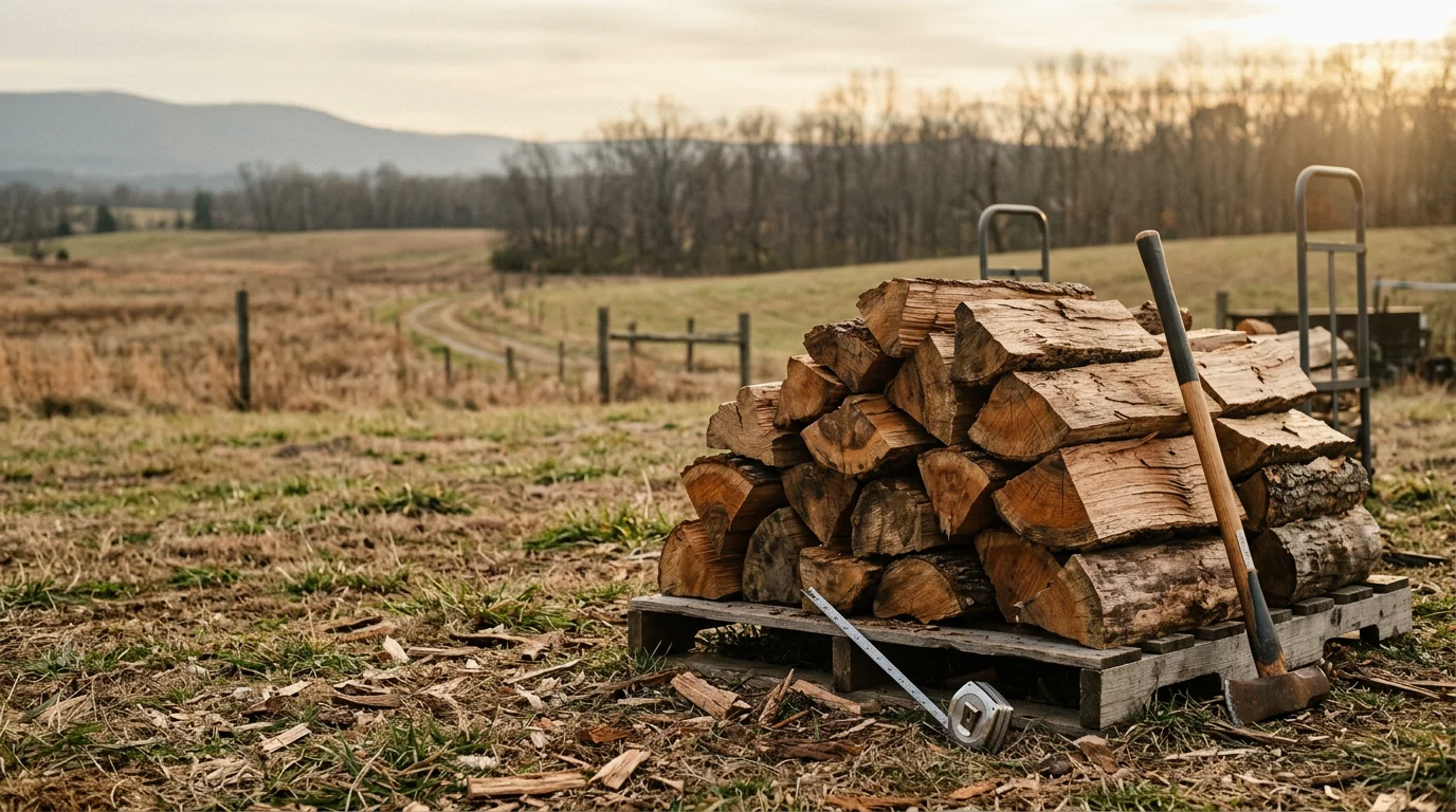 A neatly stacked cord of split hardwood firewood on a rural property in Fauquier County, Virginia. The wood shows the dense grain typical of local oak and hickory, ready for use in a fireplace or wood stove.