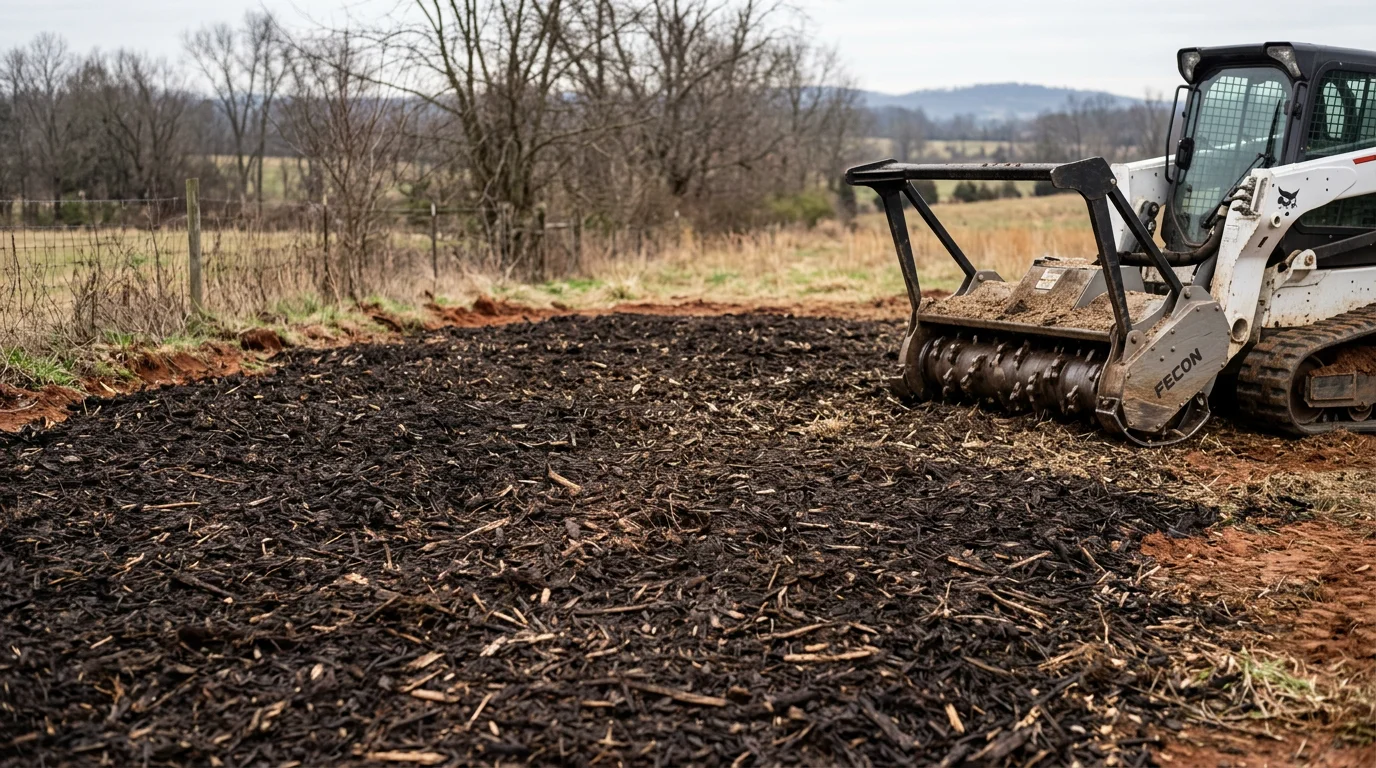 A forestry mulcher clearing dense brush and overgrown vegetation on a rural property in Fauquier County, Virginia, leaving a flat layer of wood mulch across the ground. The surrounding tree line and open pasture land are visible in the background.