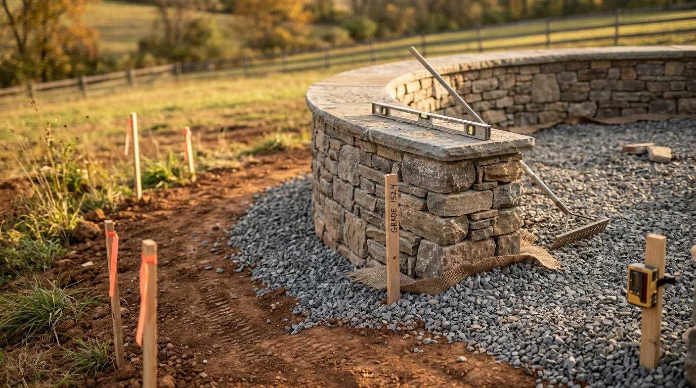 Completed hardscape installation on a residential property in Fauquier County, Virginia, showing a stone walkway and seating wall set against a natural landscape backdrop. The built surfaces are level and integrated with the surrounding grade.