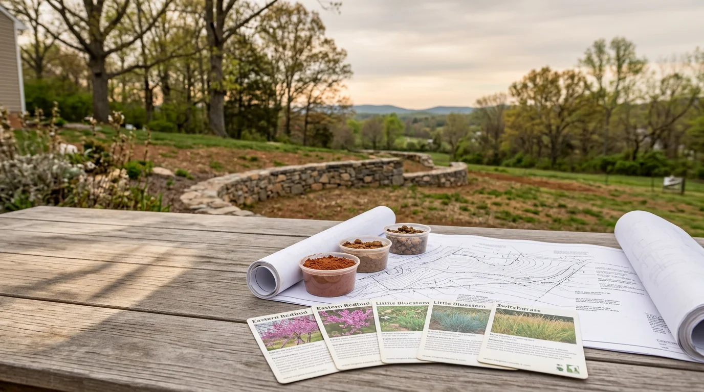 A professionally designed residential landscape on a Fauquier County, Virginia property, featuring layered plantings across a gently sloping yard with defined bed edges and a mix of shrubs and groundcover suited to the Piedmont region. The design reflects site-specific grading and plant selection typical of Thorpe's Tree Service landscape work in the Warrenton area.