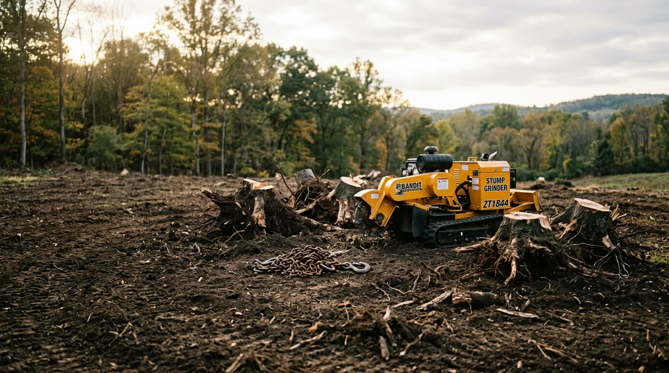 A freshly cleared residential lot in Fauquier County, Virginia, with trees, stumps, and brush removed, leaving open ground ready for landscaping or construction. Rolling Piedmont terrain visible in the background.
