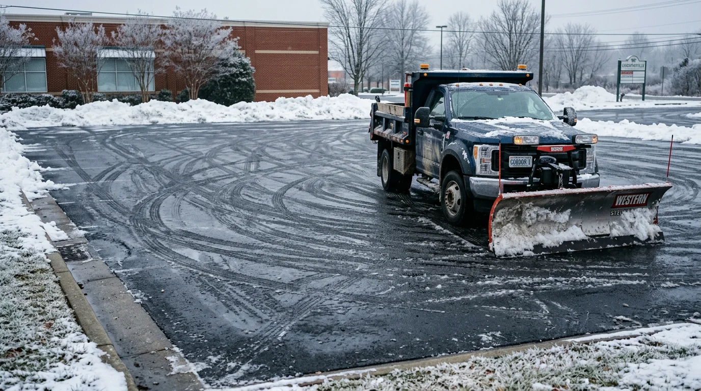 A cleared commercial parking lot in Fauquier County, Virginia after a winter snowstorm, with plowed snow pushed to the perimeter and open travel lanes visible. Access points and pedestrian paths near the building entrance are free of snow and ice.