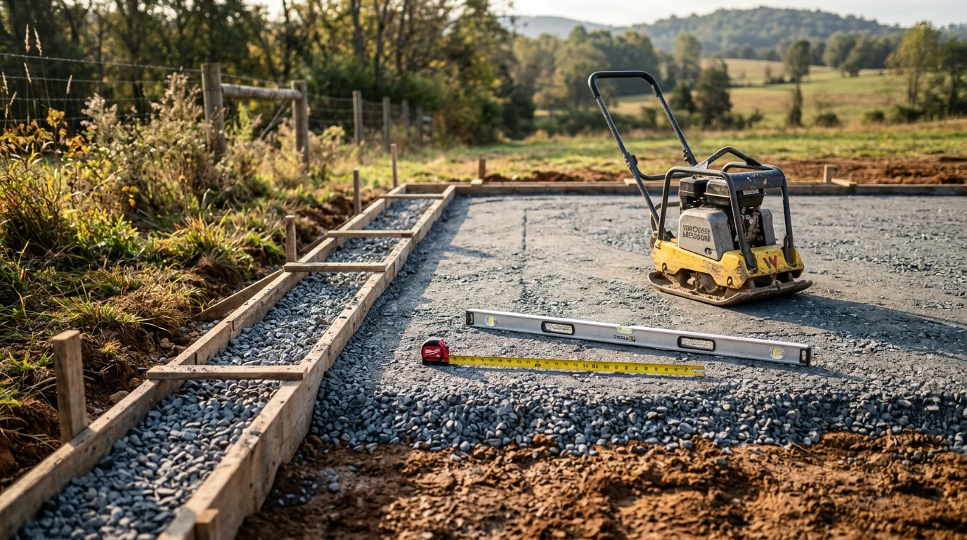 A completed patio installation on a residential property in Fauquier County, Virginia, showing a level stone surface set against a grassy backyard with mature trees. The patio connects directly to the home's rear entrance and reflects careful grading on a gently sloped lot.