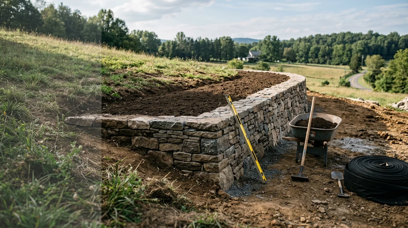 A completed stone retaining wall holding back a steep hillside on a residential property in Fauquier County, Virginia. The wall creates a level yard area above and prevents soil erosion on the slope below.