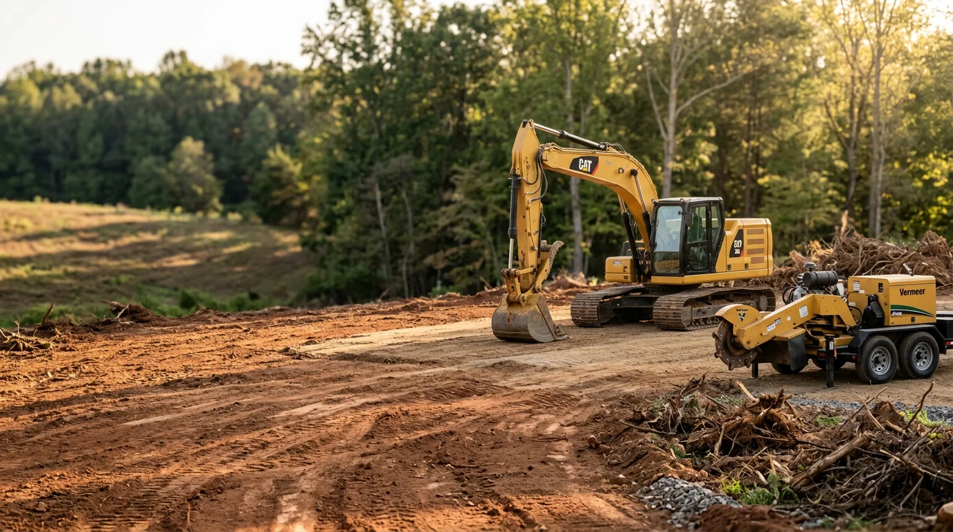 A freshly prepared building site in Fauquier County, Virginia, with trees removed, stumps ground down, and the ground surface cleared and leveled. The surrounding wooded treeline and rolling Piedmont terrain are visible in the background.