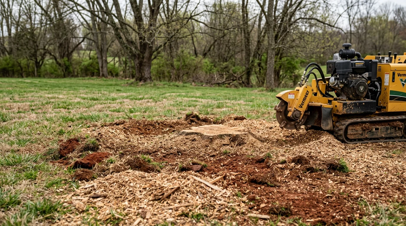A freshly ground tree stump reduced to wood chips below grade on a residential lawn in Fauquier County, Virginia. The surrounding grass and landscaping remain undisturbed after professional stump grinding service.