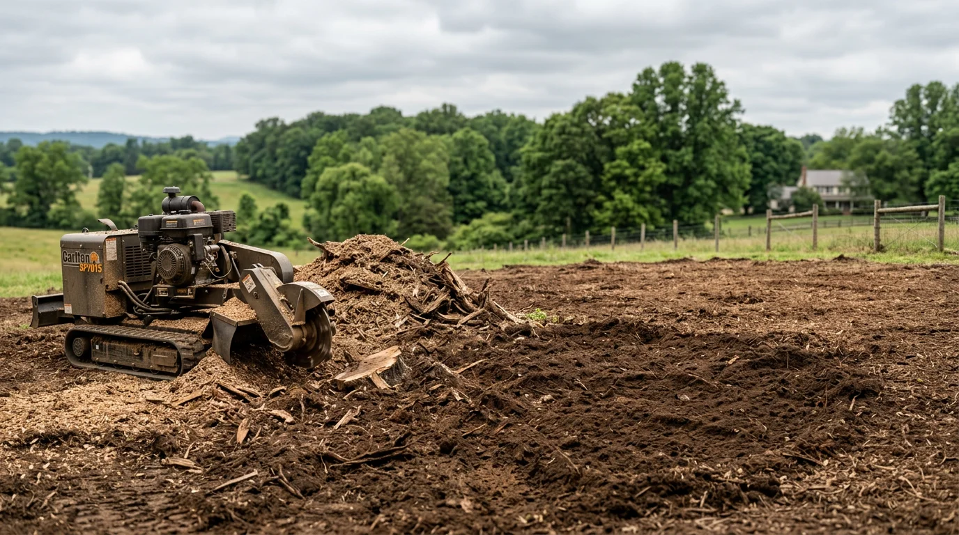 A freshly cleared yard in Fauquier County, Virginia, where a large tree stump has been fully removed, leaving level ground ready for replanting. The surrounding lawn and tree line reflect the rural Piedmont landscape typical of the area.
