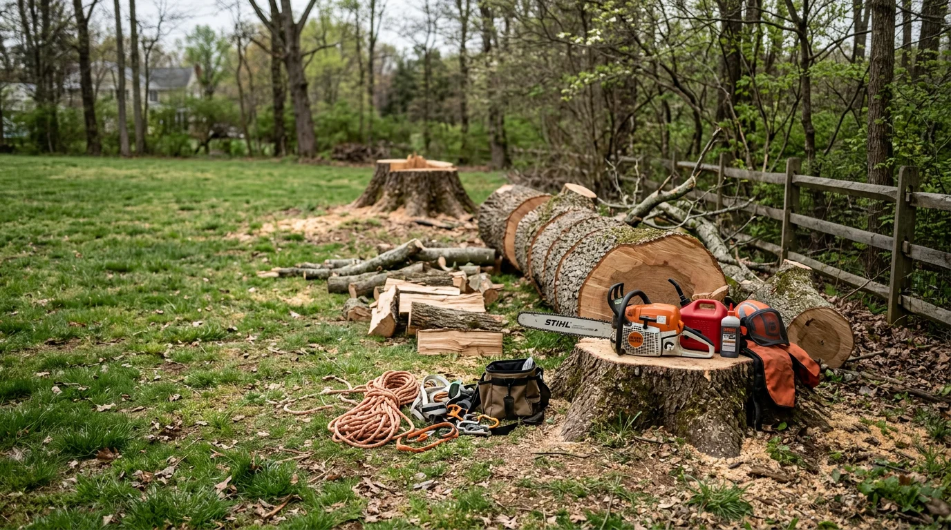 A large dead oak tree being removed in sections by a tree crew on a residential property in Fauquier County, Virginia. The yard is clear of structures in the drop zone, with Piedmont countryside visible in the background.