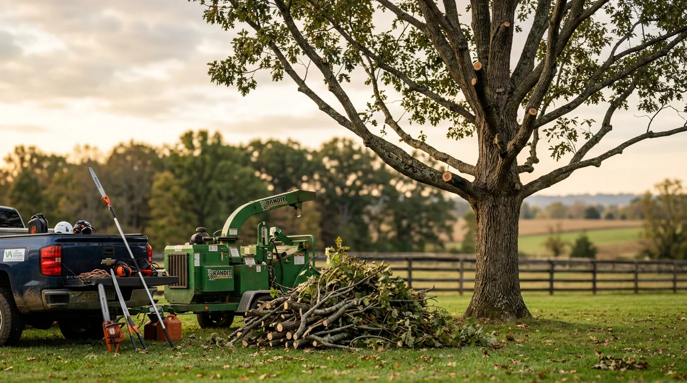 A crew from Thorpe's Tree Service trimming the canopy of a large mature oak on a residential property in Fauquier County, Virginia. Cut limbs are being lowered safely away from the roofline with the rolling Piedmont landscape visible in the background.